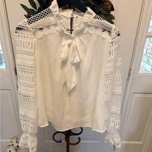 Pretty Frilly Coquette Girl Crochet Lace High Neck Bow White Blouse Top M L